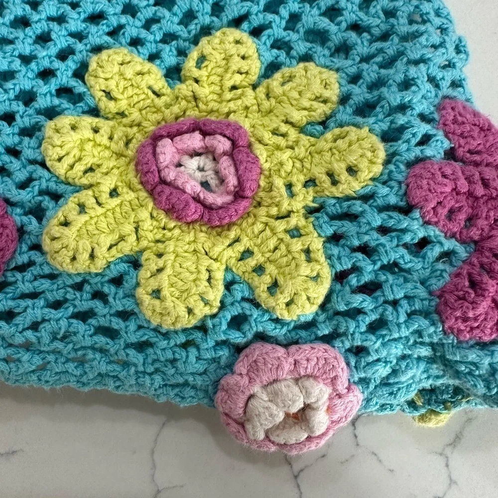 Kids Vintage Flapdoodles Pink and Blue Crochet Flowers Poncho 90s size 6